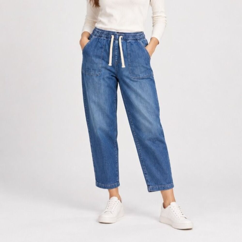GAP Denim Easy Jean Sz Large Blue Drawstring Elastic Waist Relaxed Tapered Crop